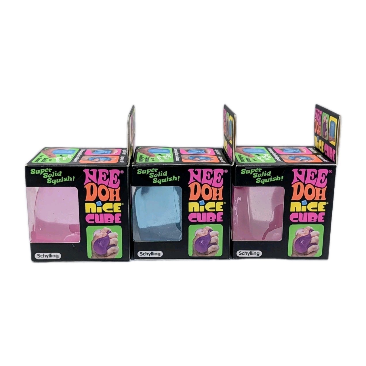 NeeDoh Nice Cube Set of 3 Super Solid Squish New Sealed Box 2 Pink, 1 Blue