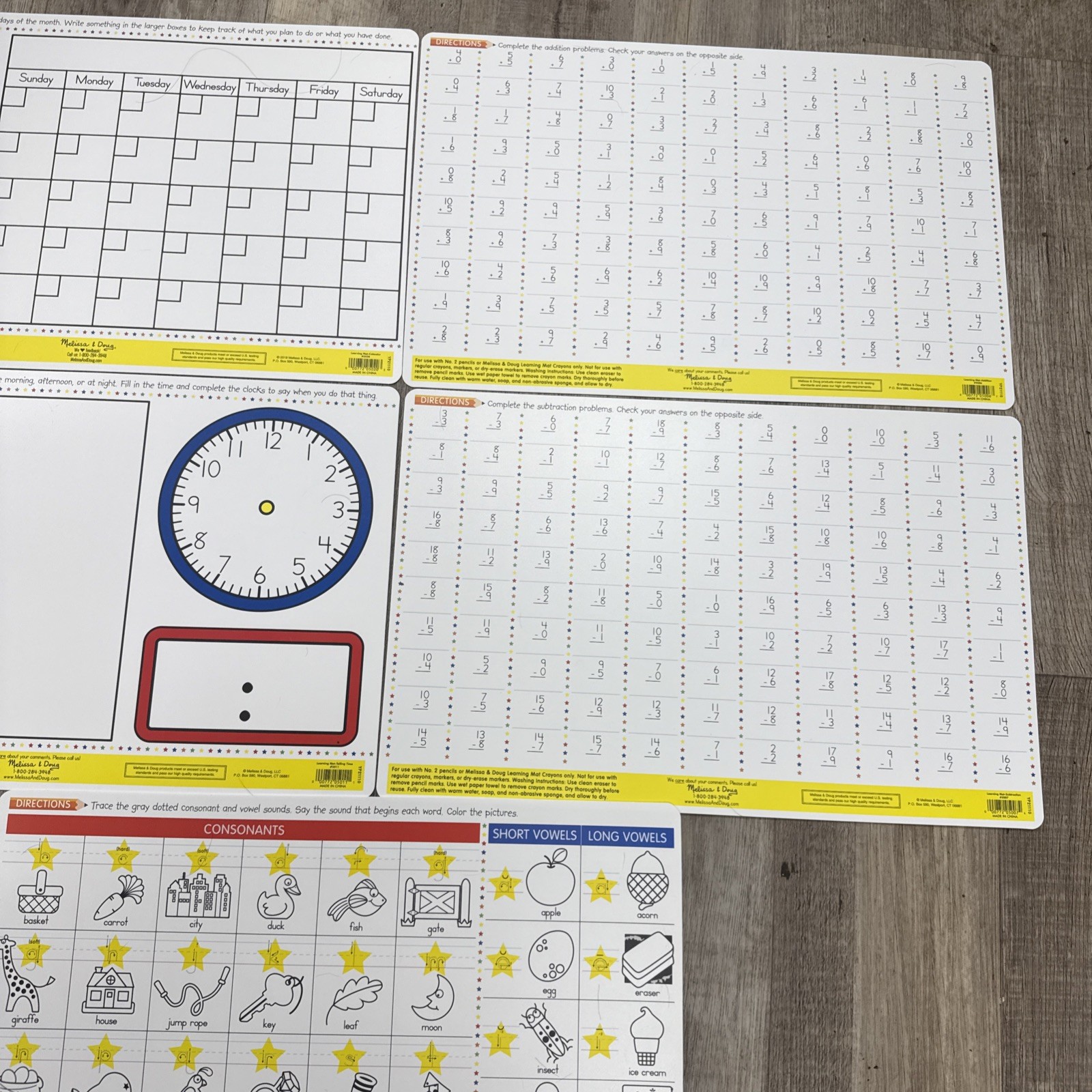 Melissa & Doug Double Sided Learning Mats Lot x5 Time, Phonics, Calendar, + & –