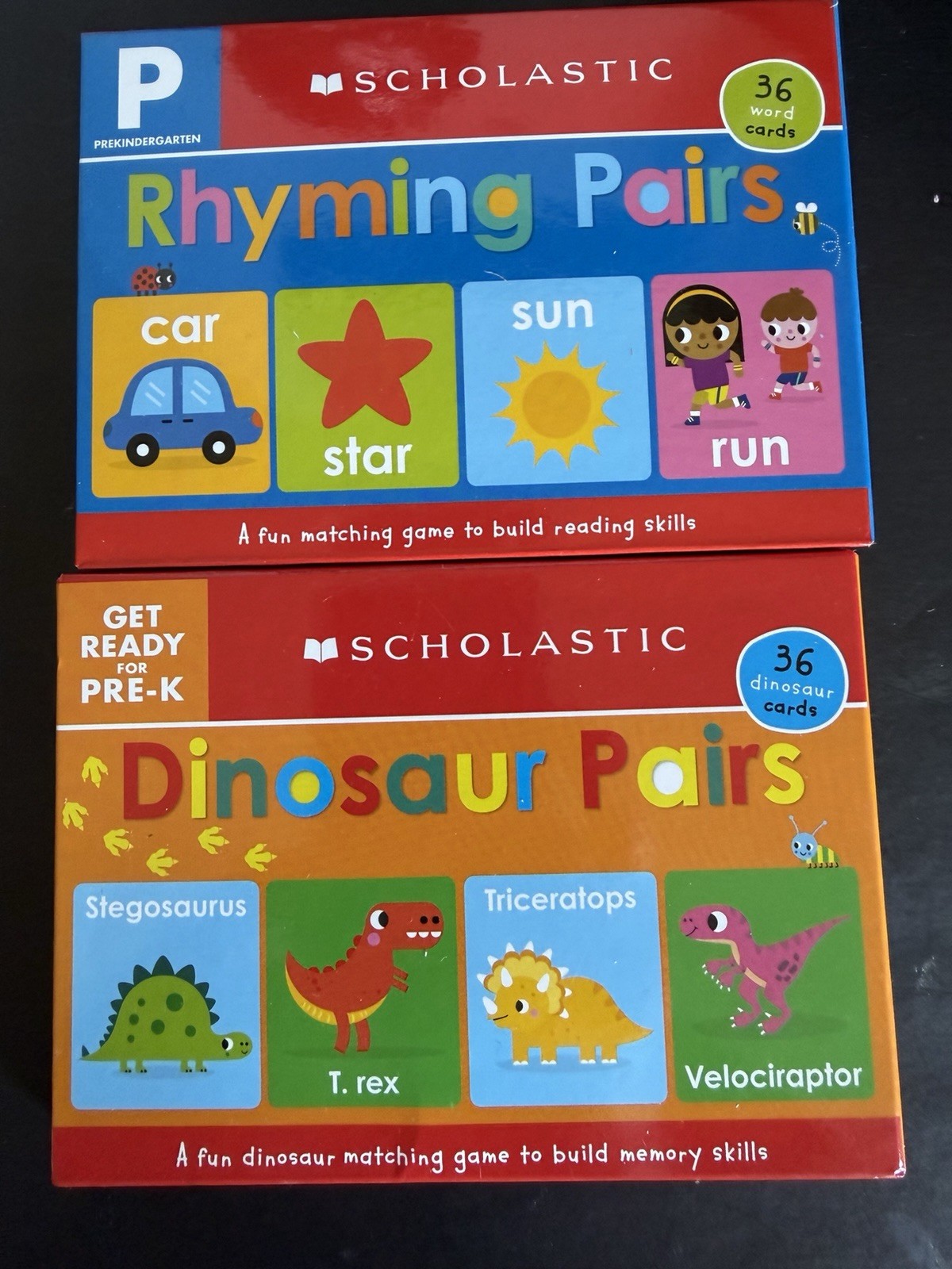 Scholastic Matching Card Game 36 Cards Rhyming Pairs & Dinosaurs Pre-K Lot Of 2