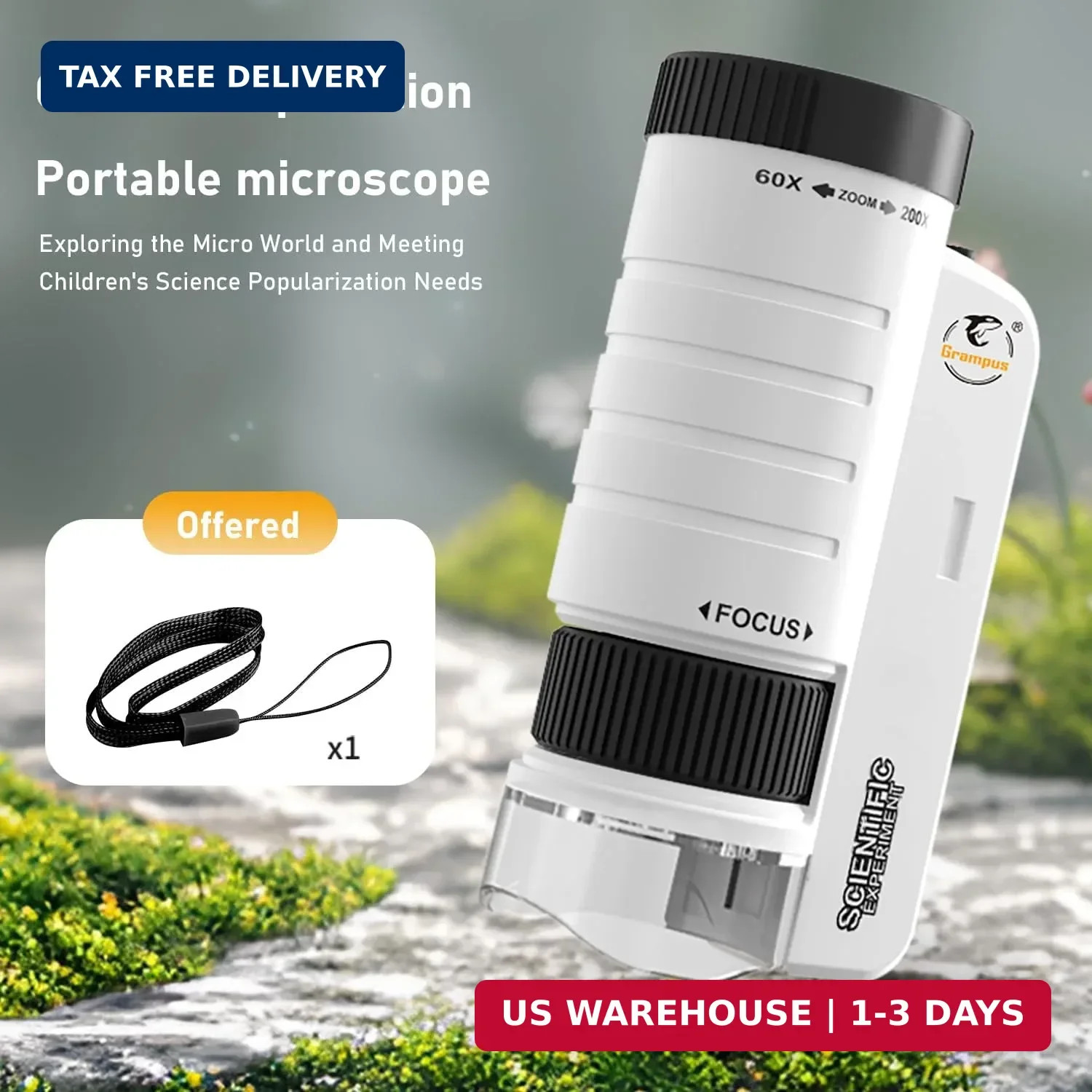 Grampus 60x-200x LED Pocket Microscope Portable Handheld STEM Toy for Kids Adult