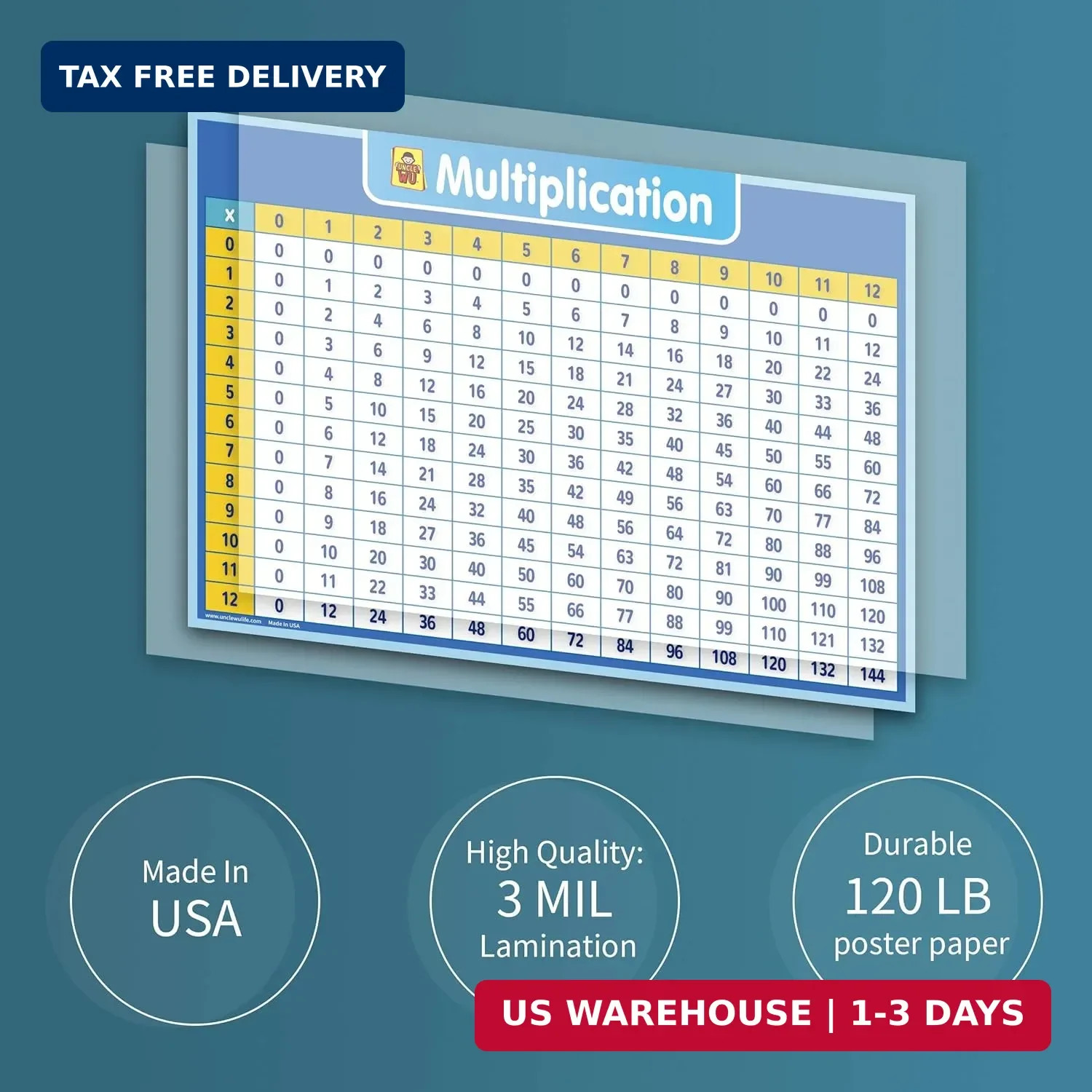 UNCLE WU Multiplication Chart Dry Erase Poster for Kids – Educational Times Tabl