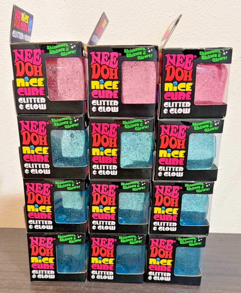 NeeDoh Nice Cube Glitter & Glow Lot of 12 Full Case with Display Box Blue & Pink