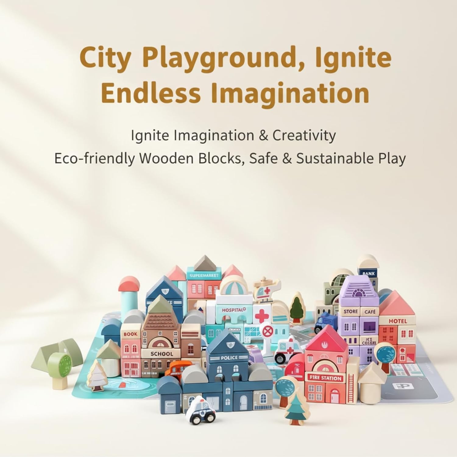 Migargle Wooden Building Blocks Set, 115 Pcs City Construction Stacker Stacking