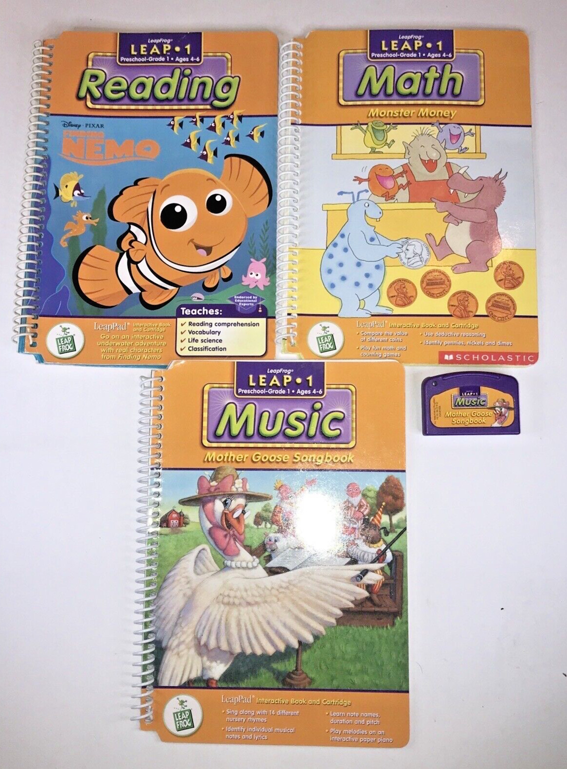 Lot Of 3 Leap Frog Leap 1 Preschool-Grade 1 3 Books and 1 Cartridge Ages 4-6