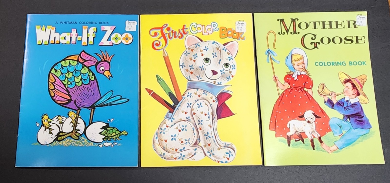 3 Vintage 1967 Coloring Books: Mother Goose, What-If Zoo & First Color Book