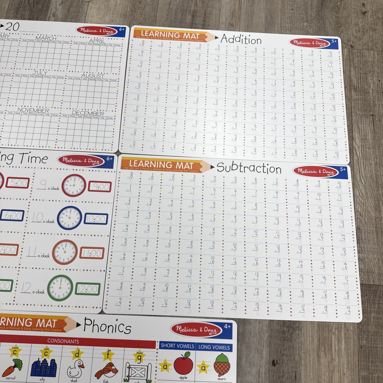 Melissa & Doug Double Sided Learning Mats Lot x5 Time, Phonics, Calendar, + & –