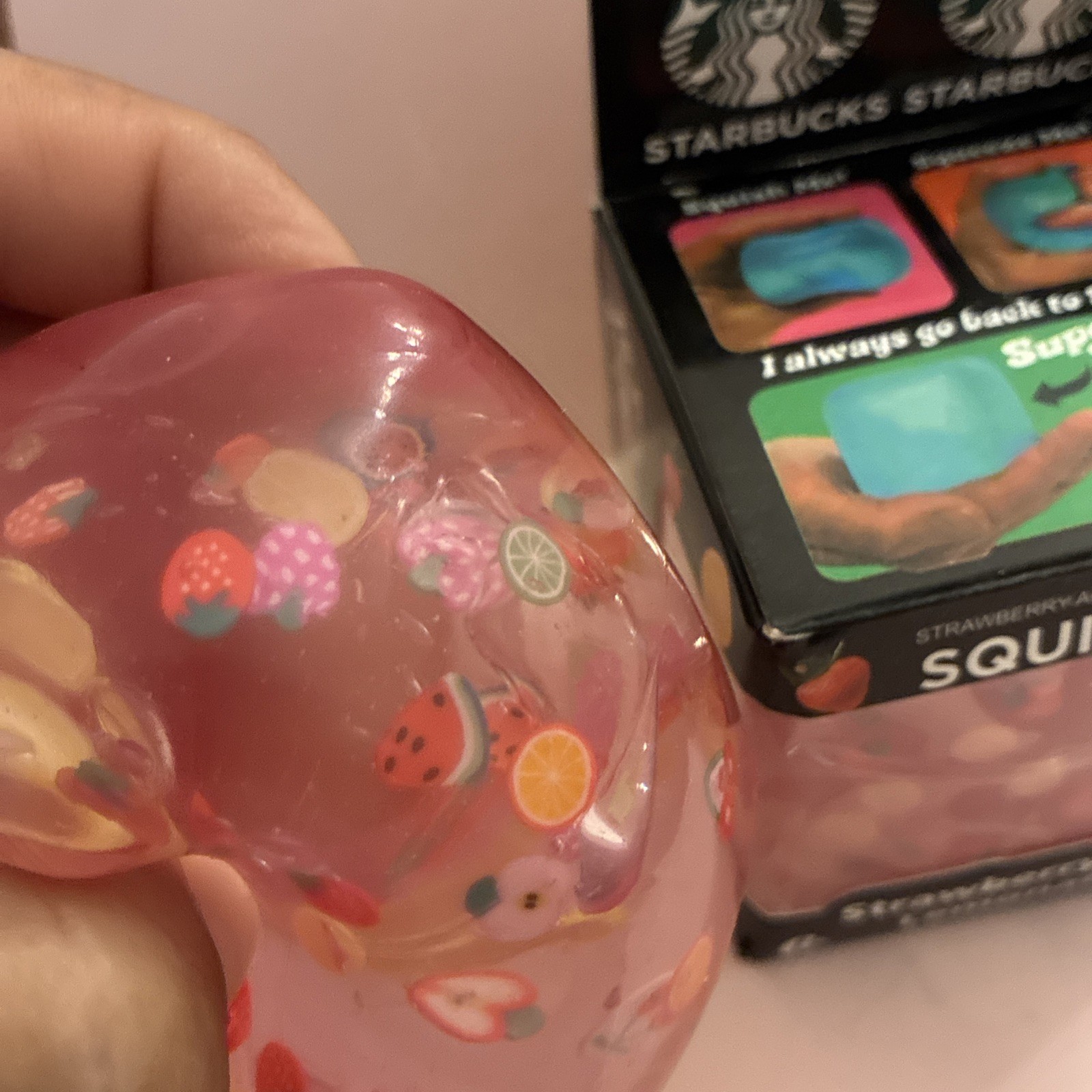 Starbucks Strawberry Acai Lemonade Squishy Squeeze Cube Toy w/ Fruit Inside USA