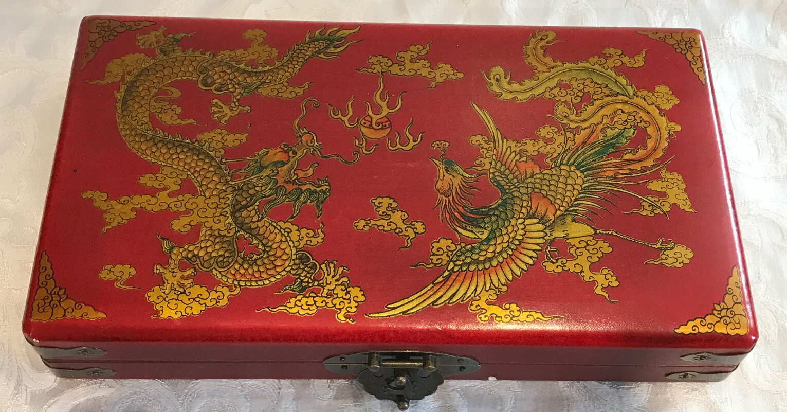 Chinese Abacus HAND dragon phoenix leather wood box