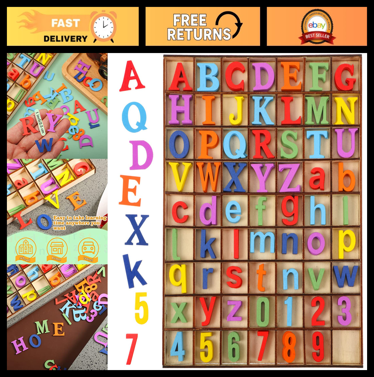 248 Pcs Unfinished Wood Alphabet Letters & Numbers for Crafts, Storage Tray, Col