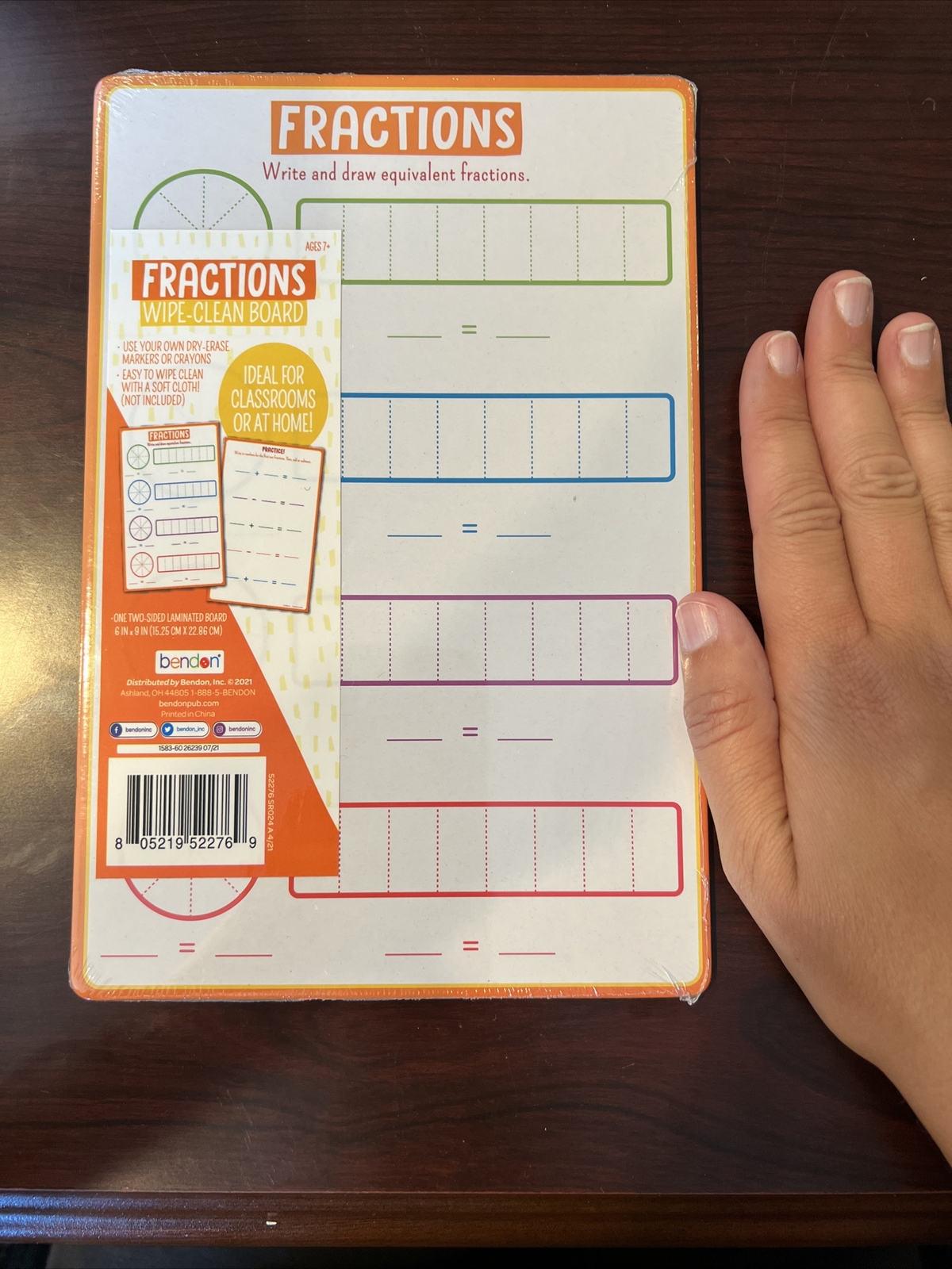 Bendon fractions dry erase board, Wipe Clean, 6in.x 9inch. Double Sided- NEW