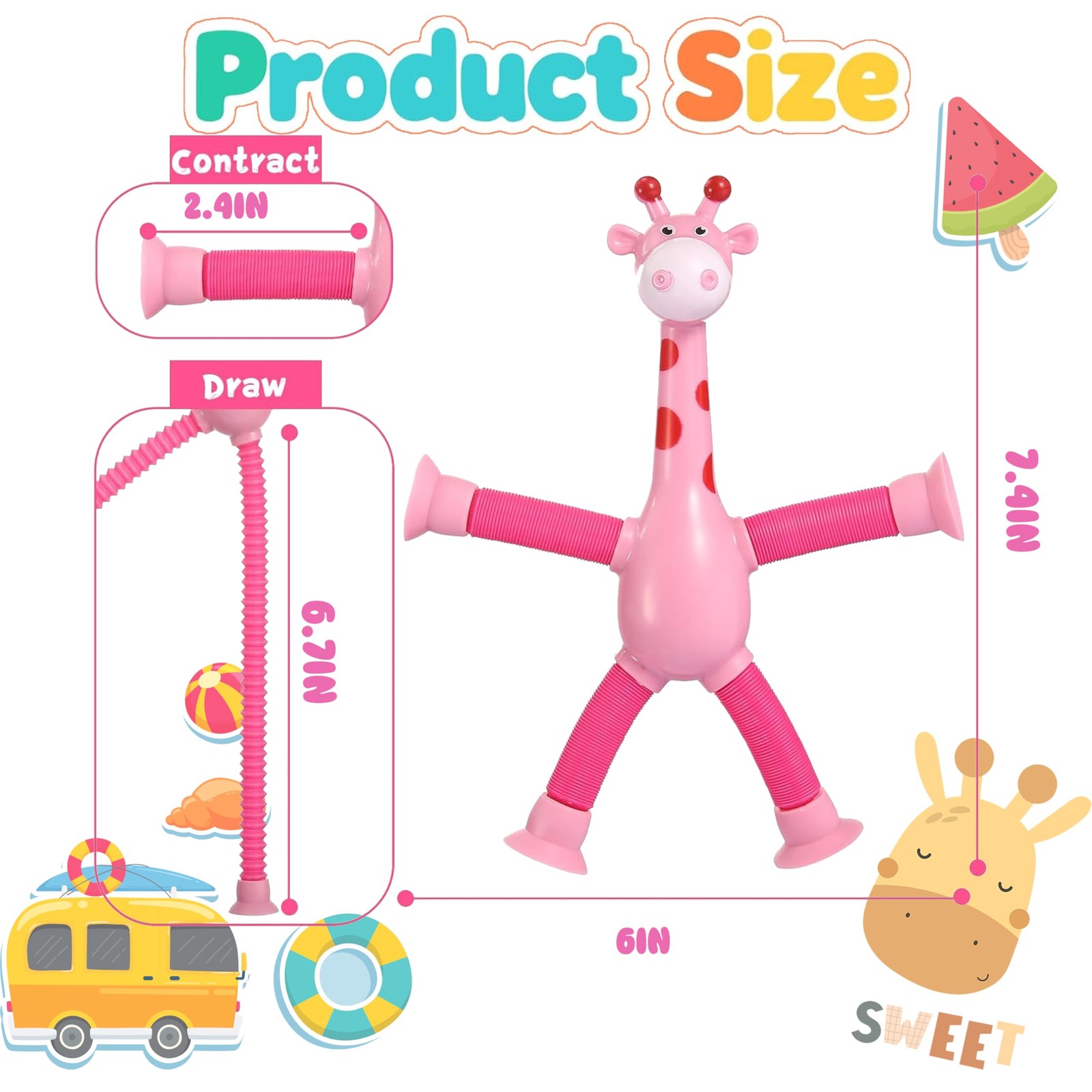 Telescopic Suction Cup Toy, Pop Tube Sensory Fidget 3.5 inches, 6pc-giraffe