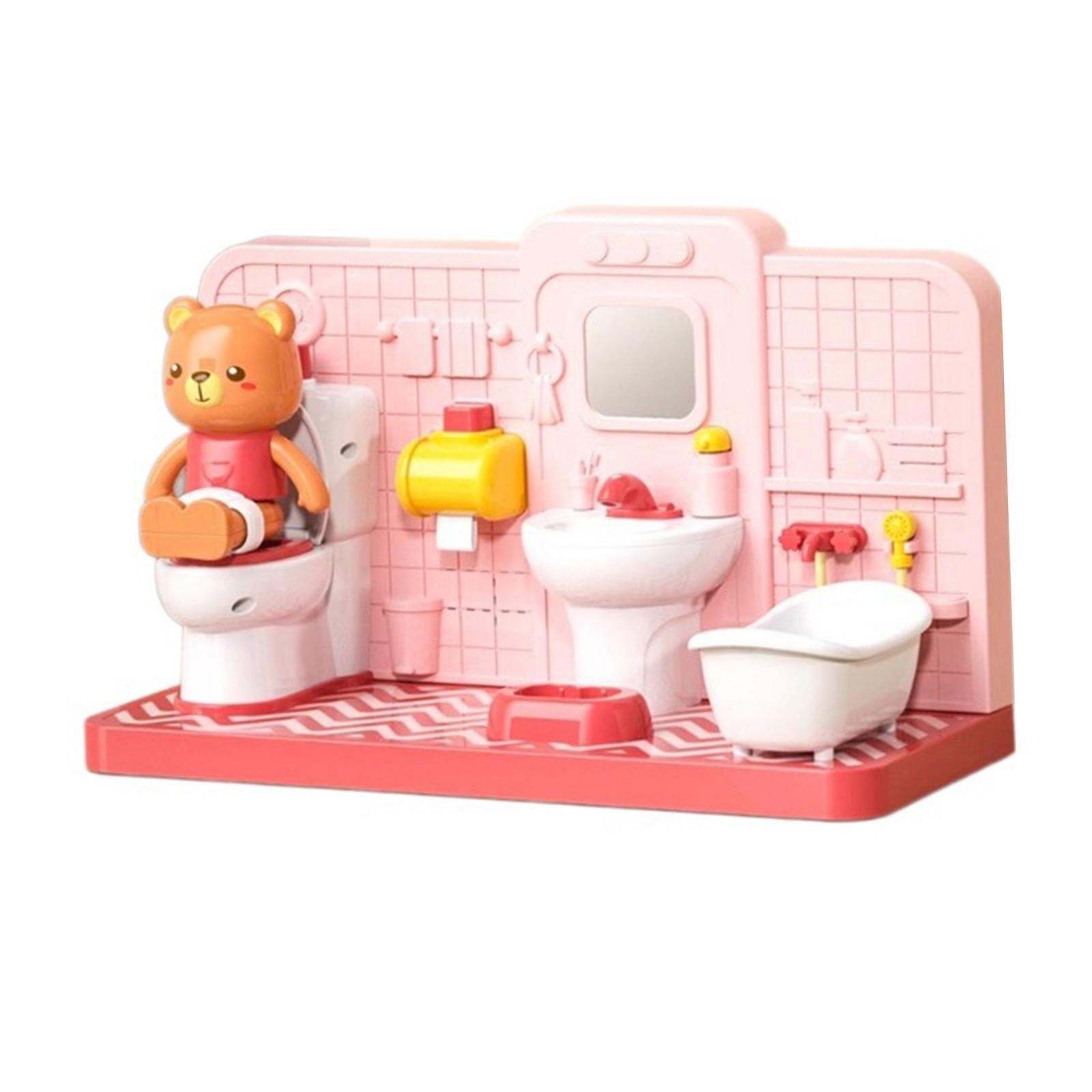 Dollhouse Furniture Set Miniature Toilet Toy Crafts with Bear Restroom