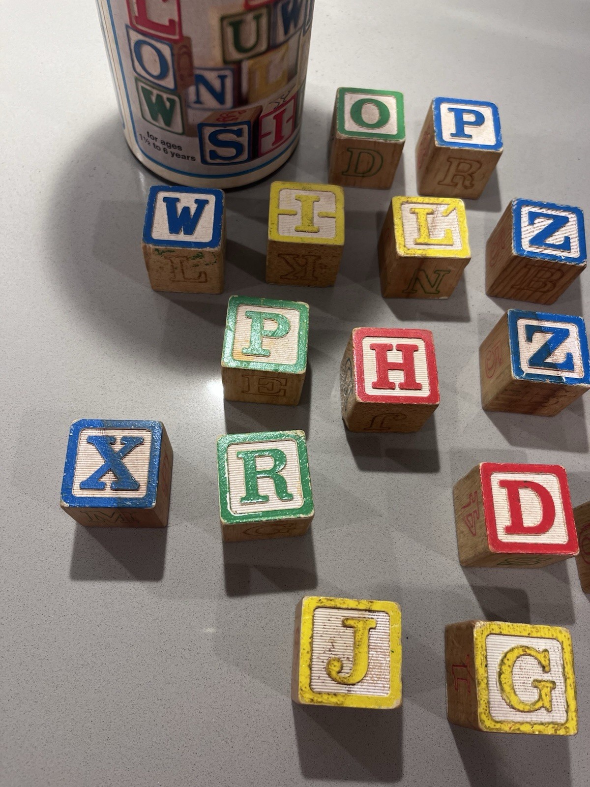 Playskool Letter Wood Blocks Set in Original Canister Blue Lid MPN 226