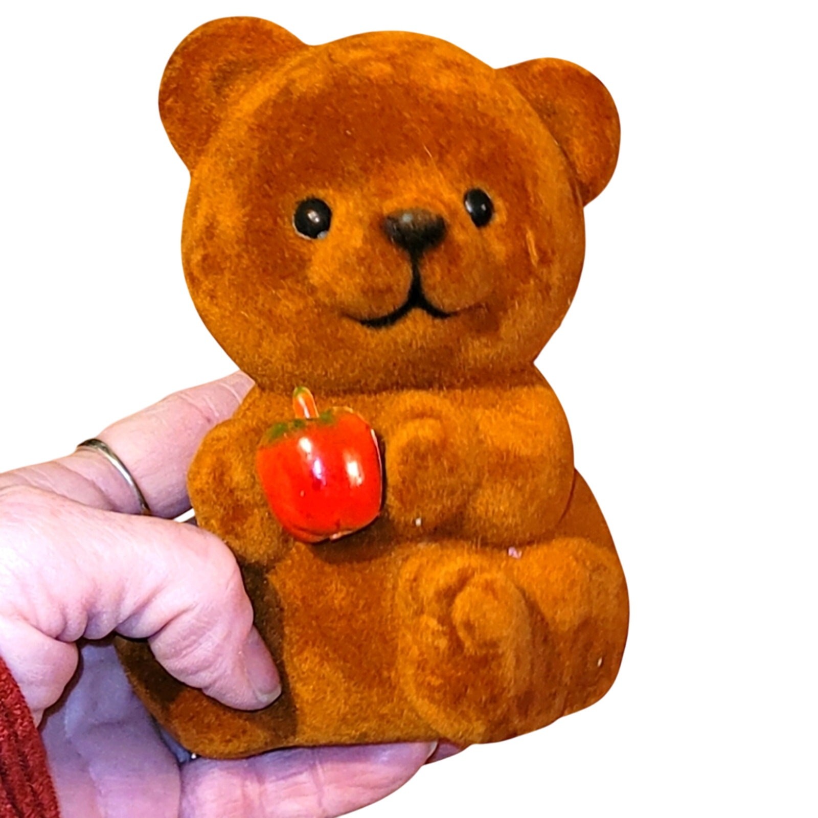 Vintage Flocked Teddy Bear Holding An Apple Bank Teacher Cottagecore KidCore