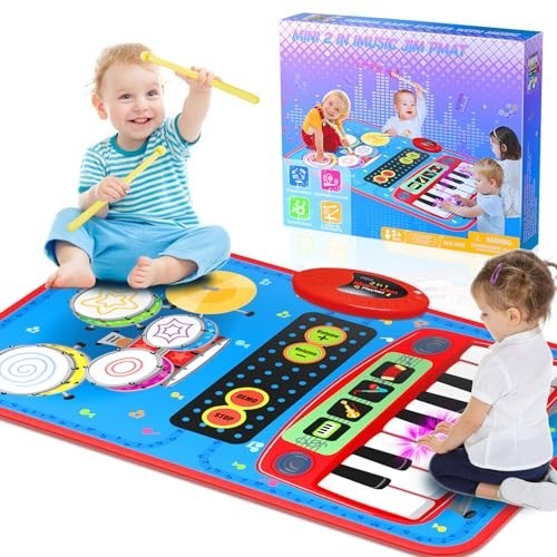 2-in-1 Musical Mat Toys for 1 2 3 4 5 Year Old, Piano Keyboard & Drum Set with 2