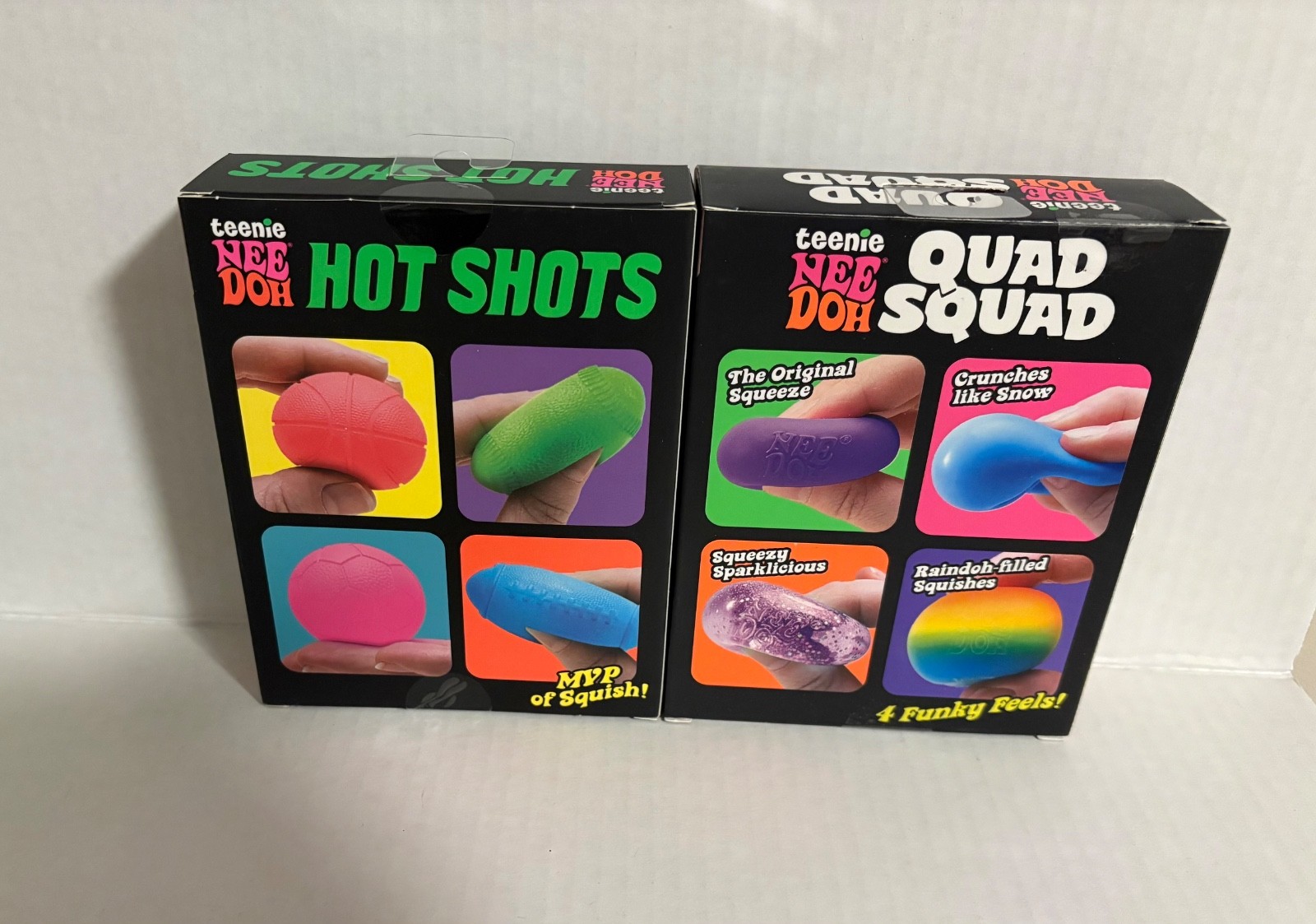 NeeDoh Teenie Hot Shots 4 Pack Squishy Balls & Quad Squad 4 Funky Feels