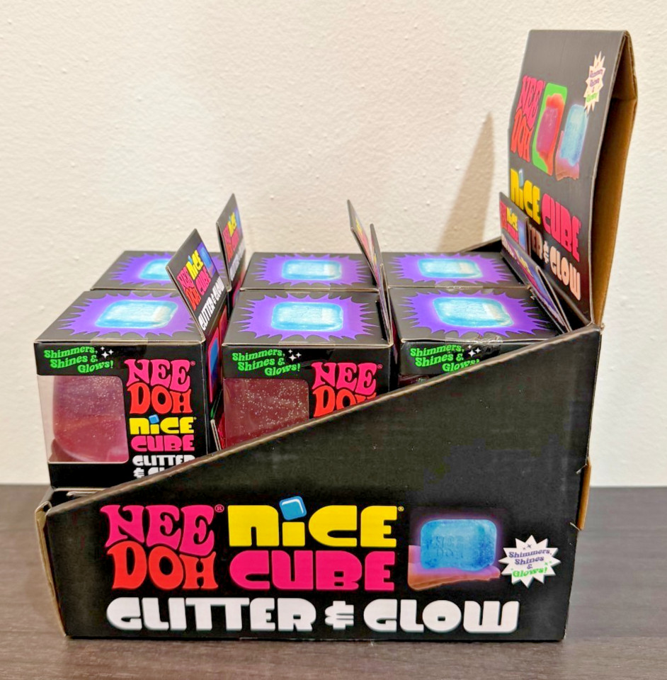 NeeDoh Nice Cube Glitter & Glow Lot of 12 Full Case with Display Box Blue & Pink