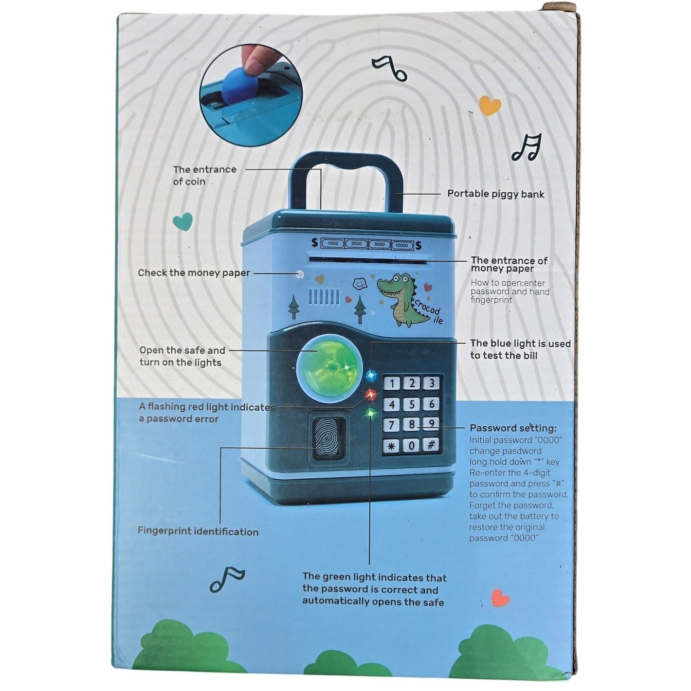 HOLYFUN Kids Electronic Money Bank Crocodile Theme Password Fingerprint Safe Box