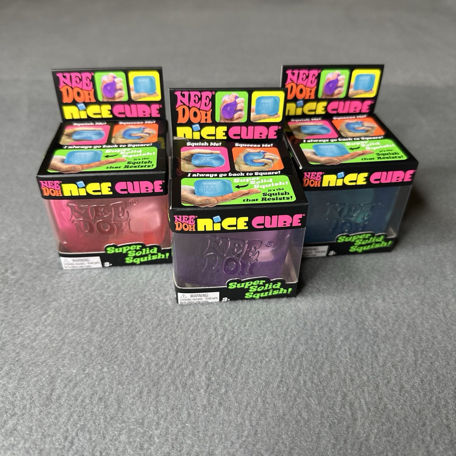 Lot 3 NeeDoh Nice Cube Super Solid Squish Fidget Sensory Pink Purple Blue NEW