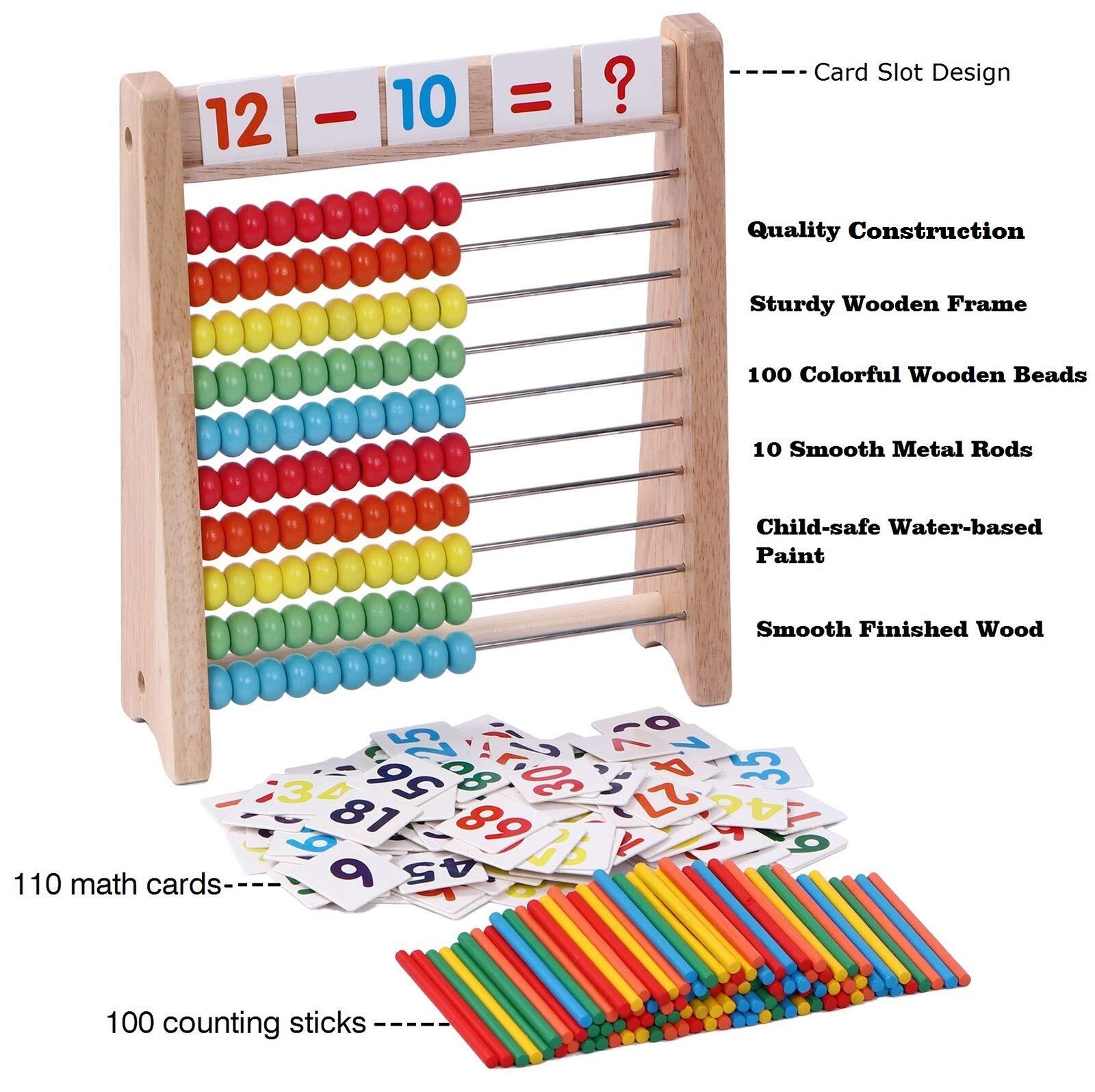 Wooden Abacus for Kids Math with 100 Counting Sticks and Number Toys Cards 1-…