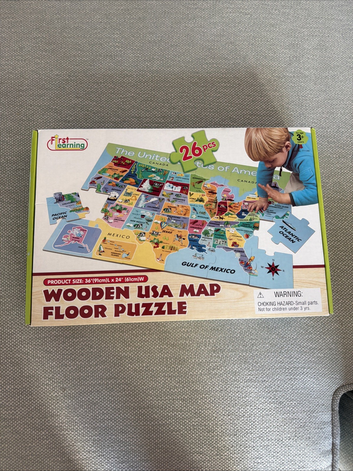 New In First Learning Wooden USA Map Floor Puzzle 26 Pcs 36×24 Complete OpenBox