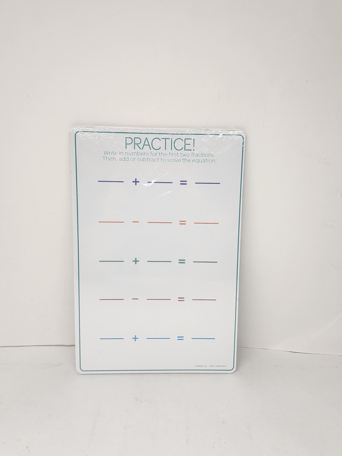 Bendon fractions dry erase board, Wipe Clean, 6in.x 9inch. Double Sided- NEW
