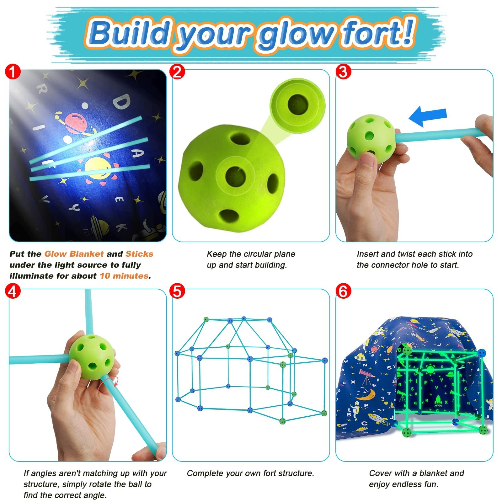 160PCS Kids Fort Building Kit Glow in the Dark Build a Fort with Blanket STEM…