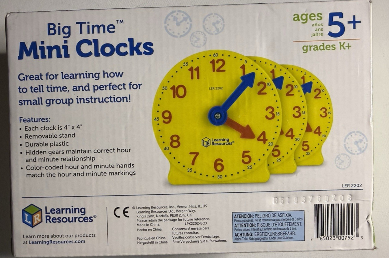 Big Time Geared Mini-Clocks For Time Telling & Math Skills Set of 6