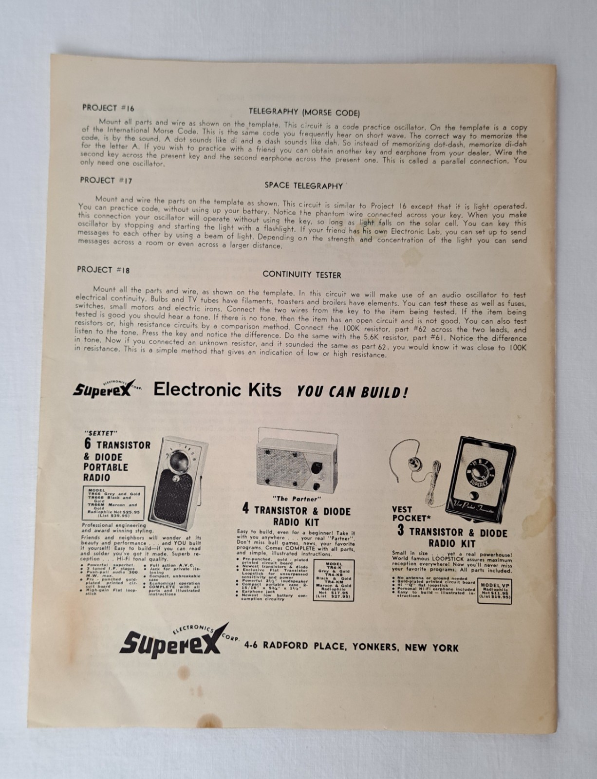Superex Electronics Lab 18 Experiments Vintage Kit w/ Box – Manual – Parts