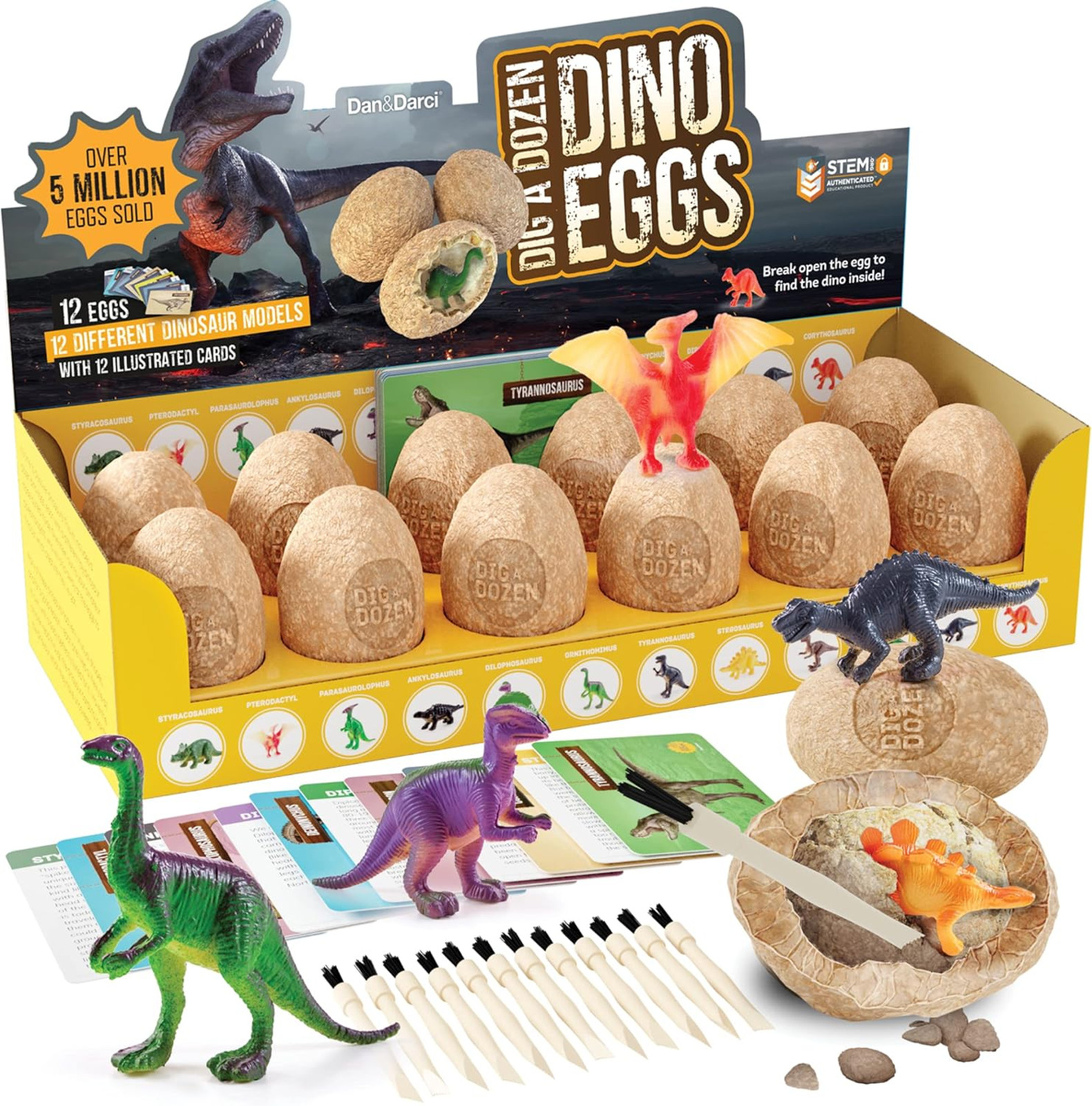 Dinosaur Dig Kit for Kids, 12 Dino Eggs, Fossil Excavation, STEM Science