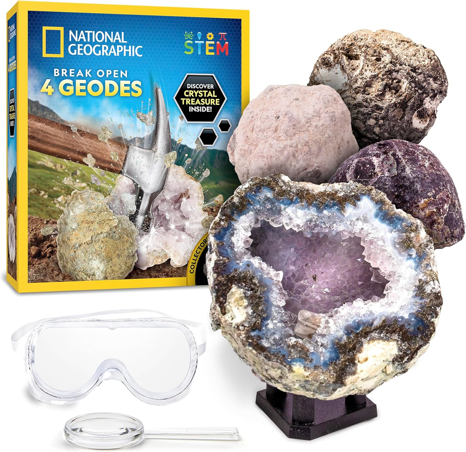 National Geographic Break Open 4 Geodes Science Kit – Includes Goggles and Displ