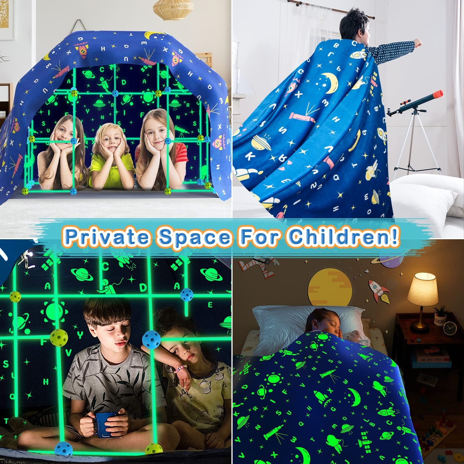 160PCS Kids Fort Building Kit Glow in the Dark Build a Fort with Blanket STEM…