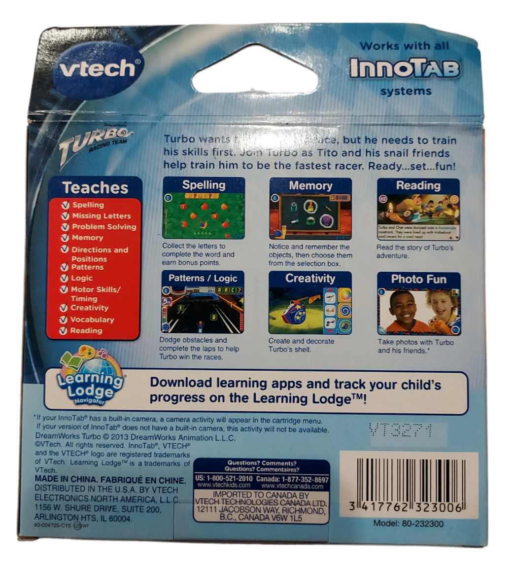 Vtech Innotab “TURBO” Cartridge Game 4-7 Years – Brand New