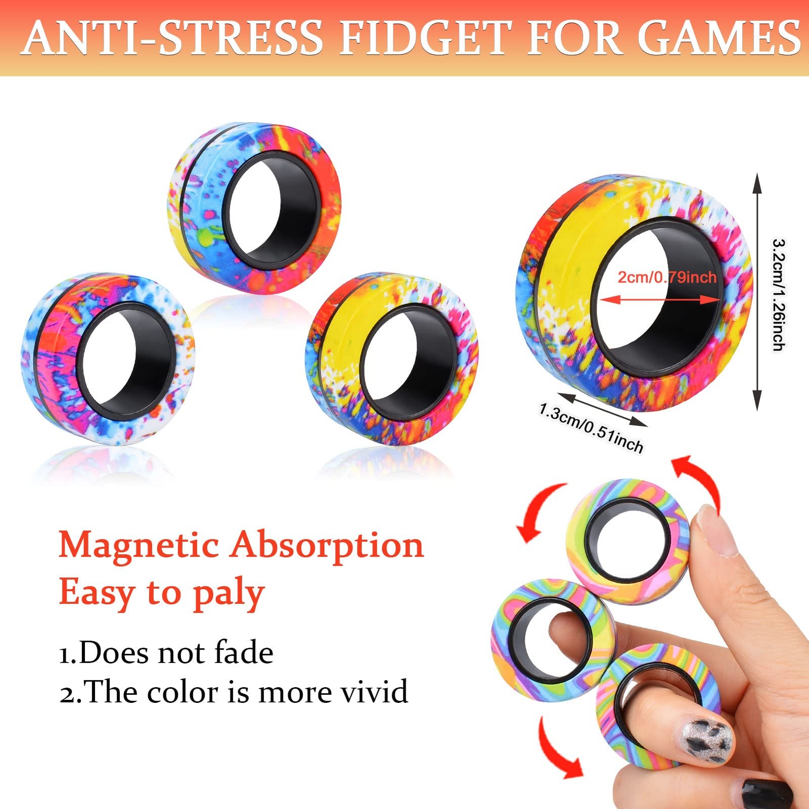Cevioce 3Pcs Magnetic Rings Fidget Toy Set, ADHD Anxiety Small, [Multi]