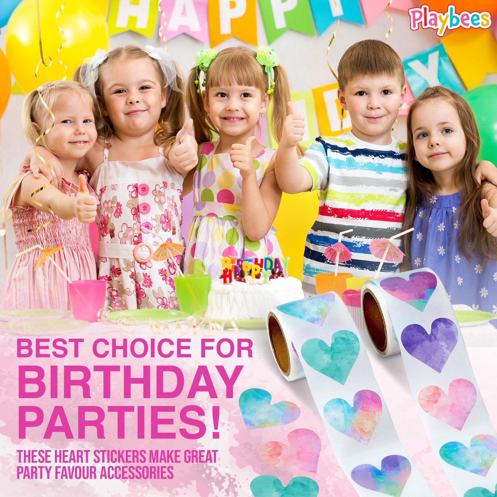 Watercolor Heart Stickers for Kids – 200 Pack of Rainbow Heart Themed Designs