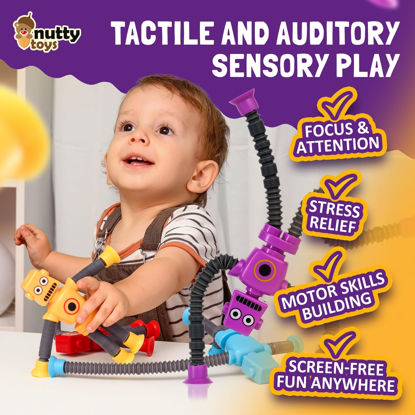 nutty toys Sensory Robot Toys 4pk – Top Pop 1 Count (Pack of 4), Multicolor