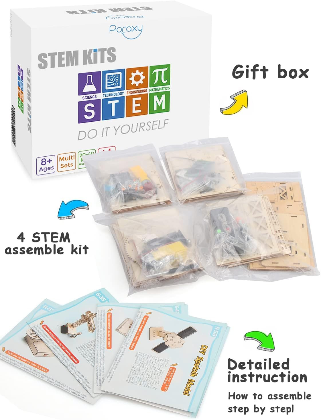 4 in 1 STEM Kits, STEM Projects for Kids Ages 8-12, Assembly 3D Wooden Puzzles,