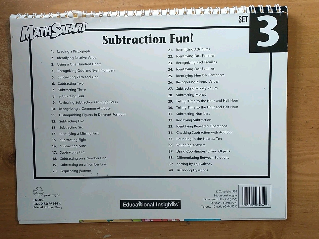 Math Safari Subtraction Fun! Set 3 Educational Insights 1993 GC book only