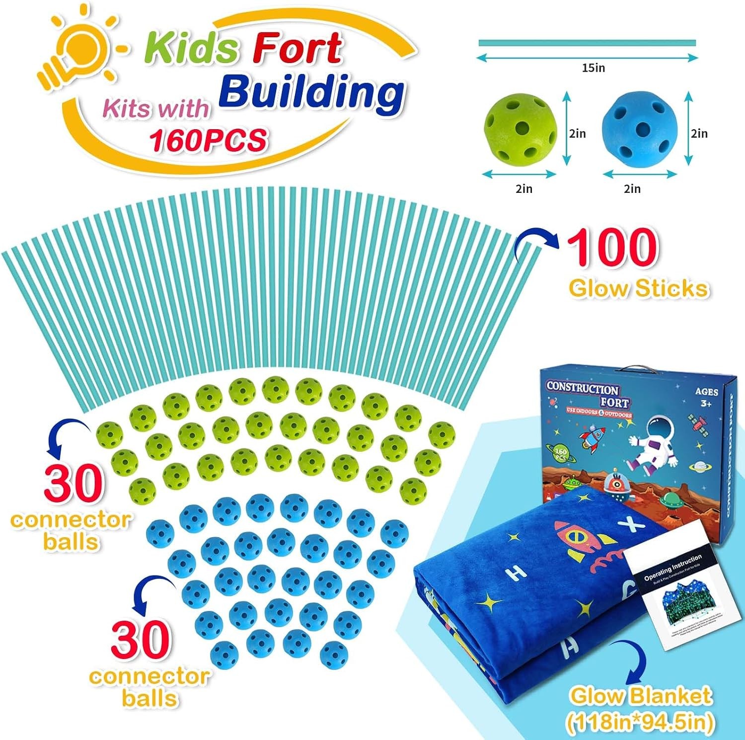 Fort Building Kit 160PCS Glow in the Dark STEM Kids Toy