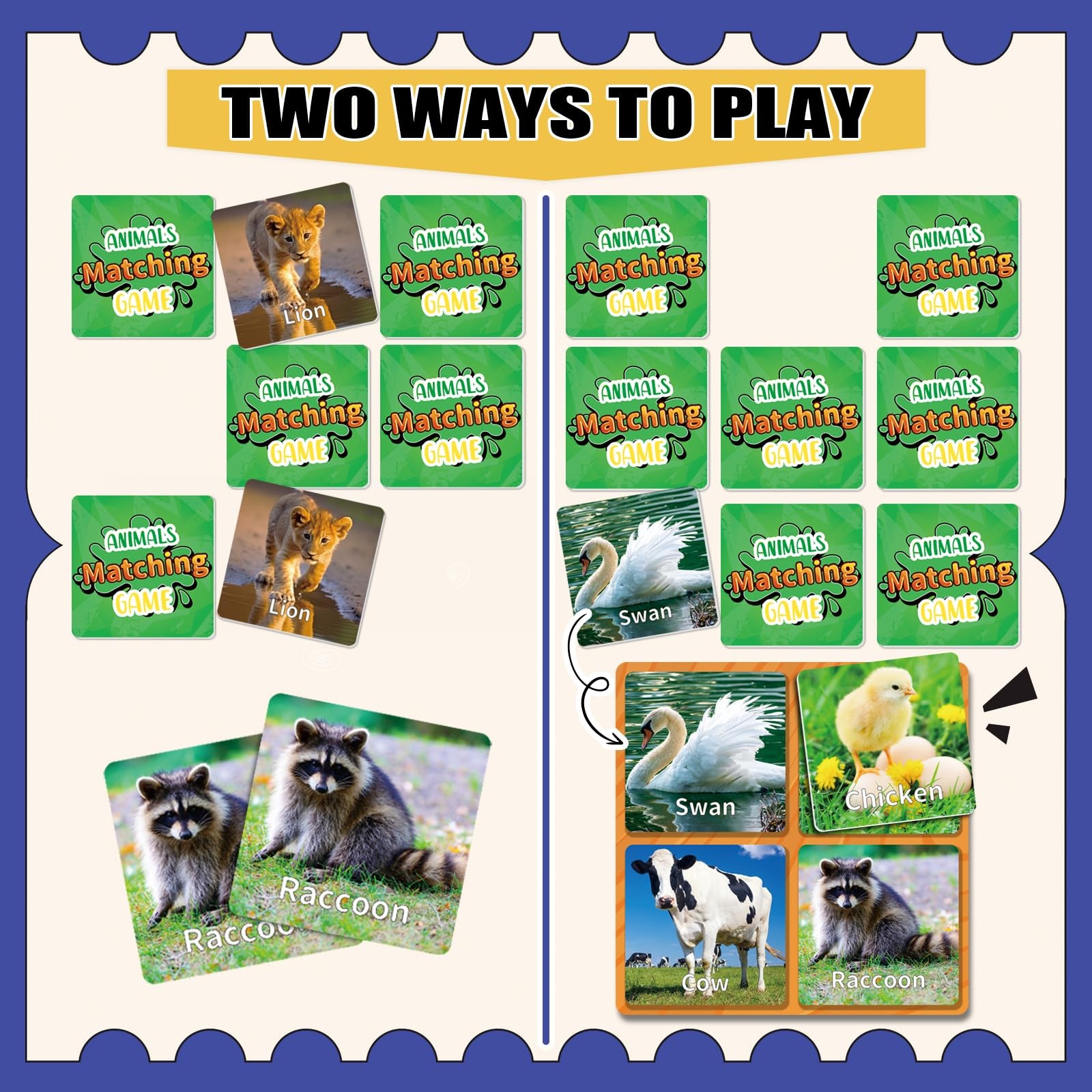 Animal Matching Game 100PCS – 50 Pairs Memory Cards for Kids Learning Fun