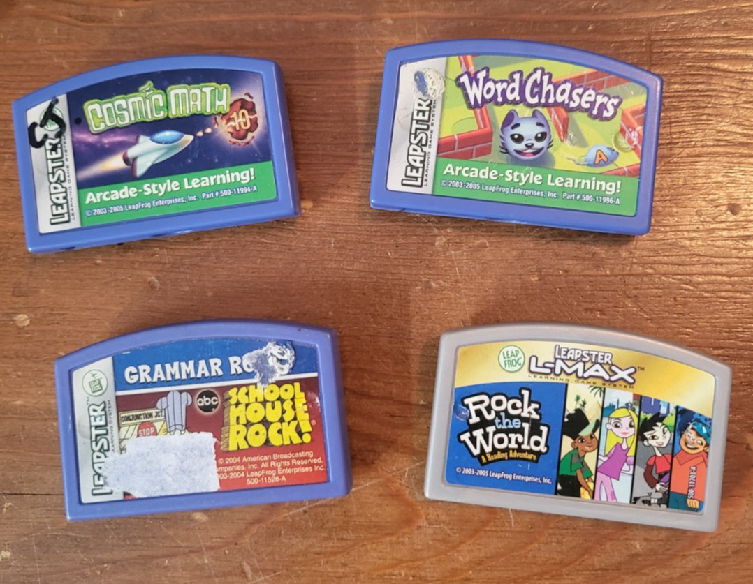 LOT of 4 LeapFrog Leapster Game Cartridges + Carrier ~ Grammar, Math, Reading