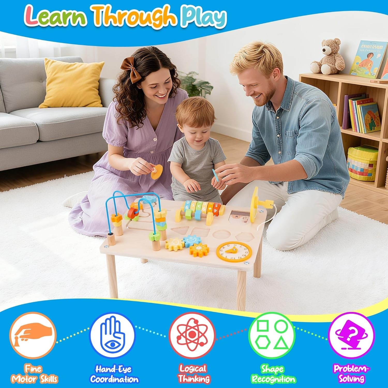 Activity Table for 1 2 Year Old, 8 in 1 Wooden Montessori Activity Center Toys