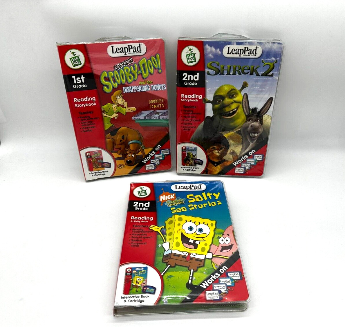 Lot 3 NEW Leap Frog Interactive Book & Cartridge SpongeBob, Scooby-Doo, Shrek 2