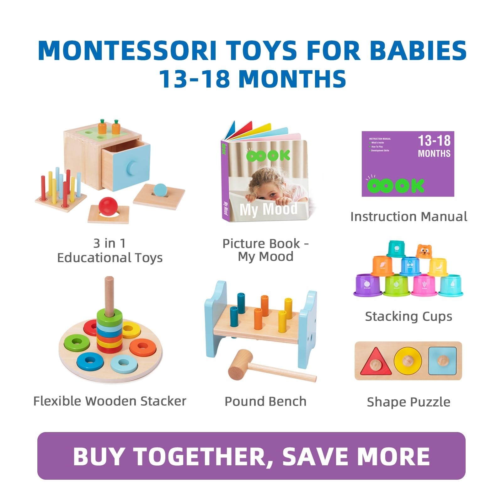 TOOKYLAND Montessori Toys for 1 Year Old, 8 in 1 Learning Educational Set Woo…