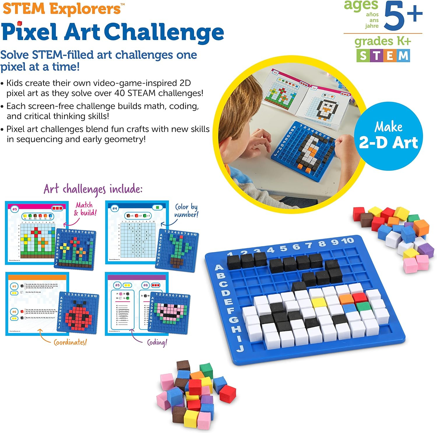 STEM Explorers Pixel Art Challenge – Math Puzzles, Pattern Blocks, Sensory Bin,