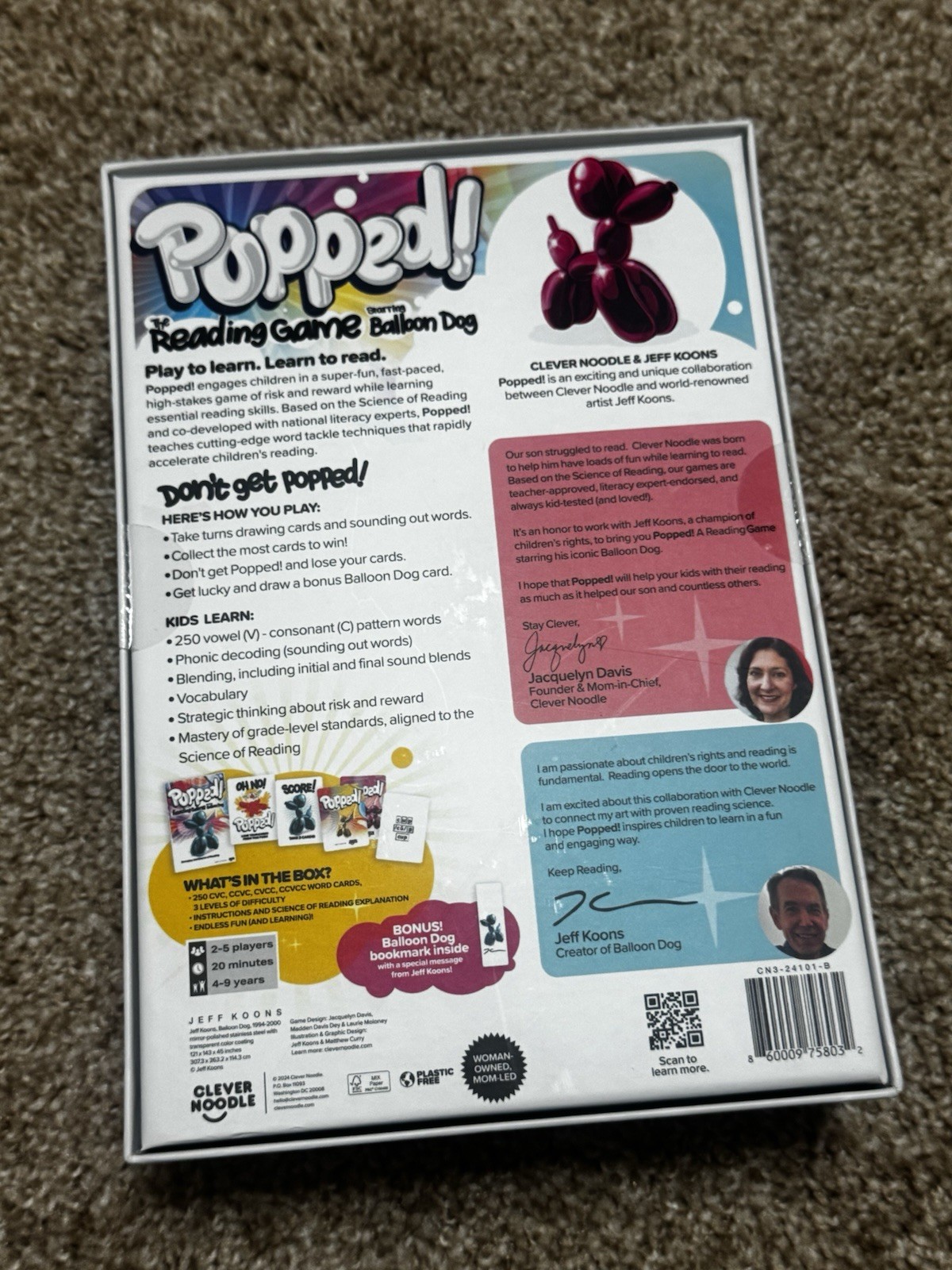 Clever Noodle Popped! The Reading Game Balloon Dog Cards Ages 4-9 Alphabet