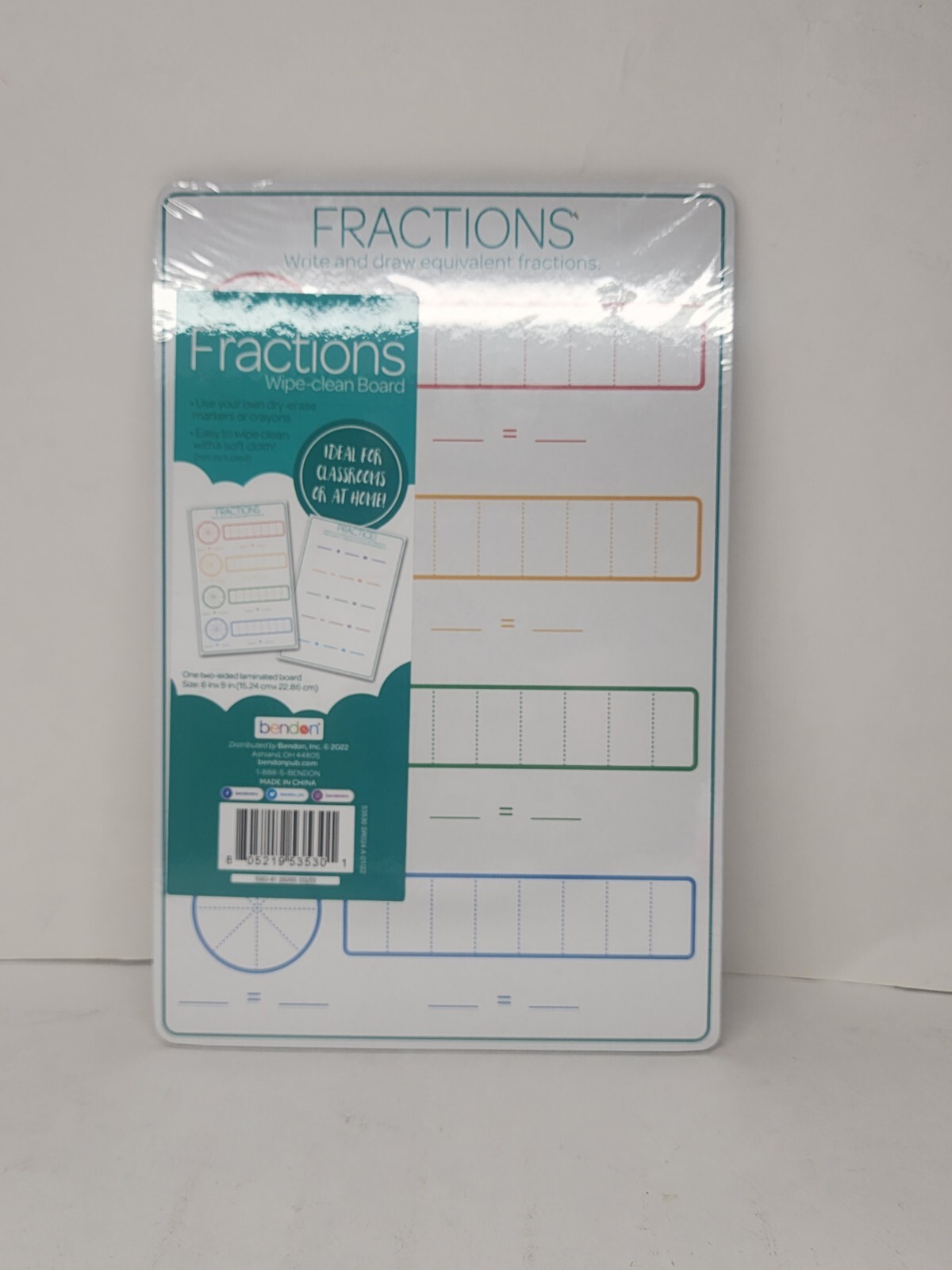 Bendon fractions dry erase board, Wipe Clean, 6in.x 9inch. Double Sided- NEW