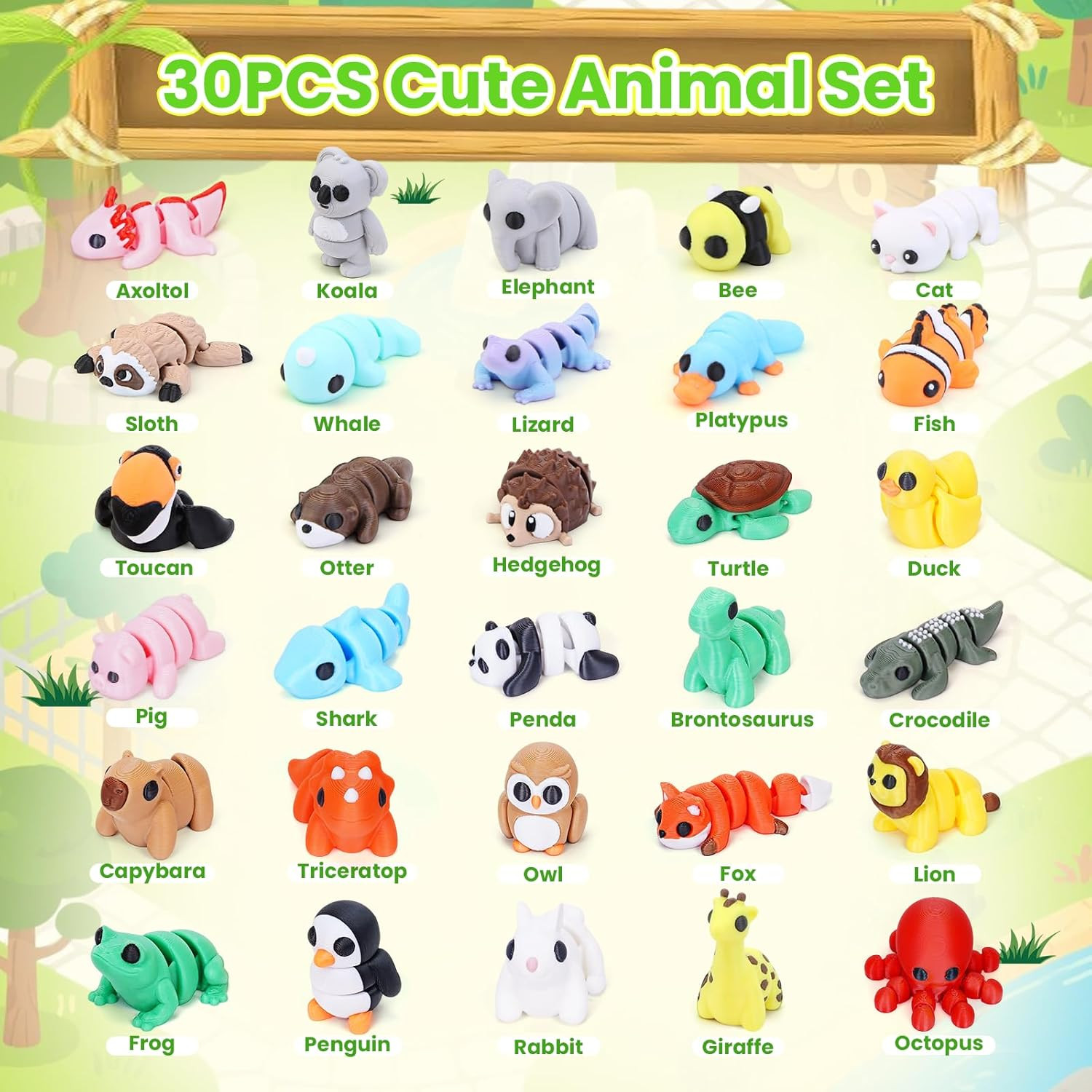 30PCS 3D Printed Animals Set, Mini 3D Printed Animals, Animal Figurines Exquisit