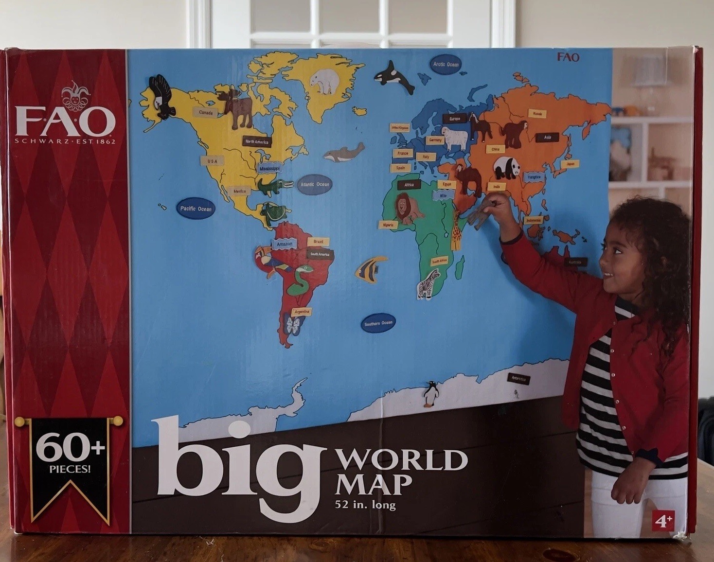 FAO Schwarz 52″ Big World Map Hanging Play Map 60 Removable Pcs Complete in Box