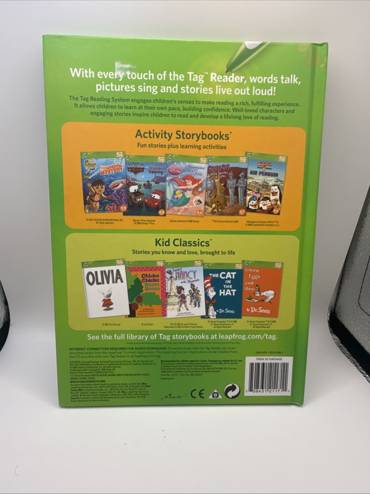 Leapfrog Tag Reading System 8 Books Green & Clear Case – Cars UP Spiderman Pixar